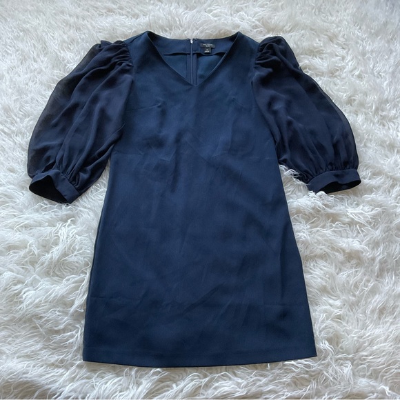 Ann Taylor Navy V-Neck Sheath Dress‎ with Sheer 3/4 Sleeve - Picture 2 of 9